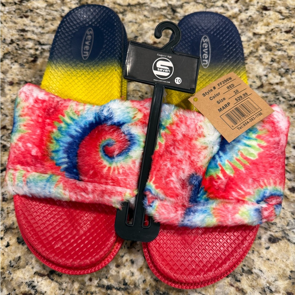 Seven tie dyed faux fur rainbow colored slides Size 10